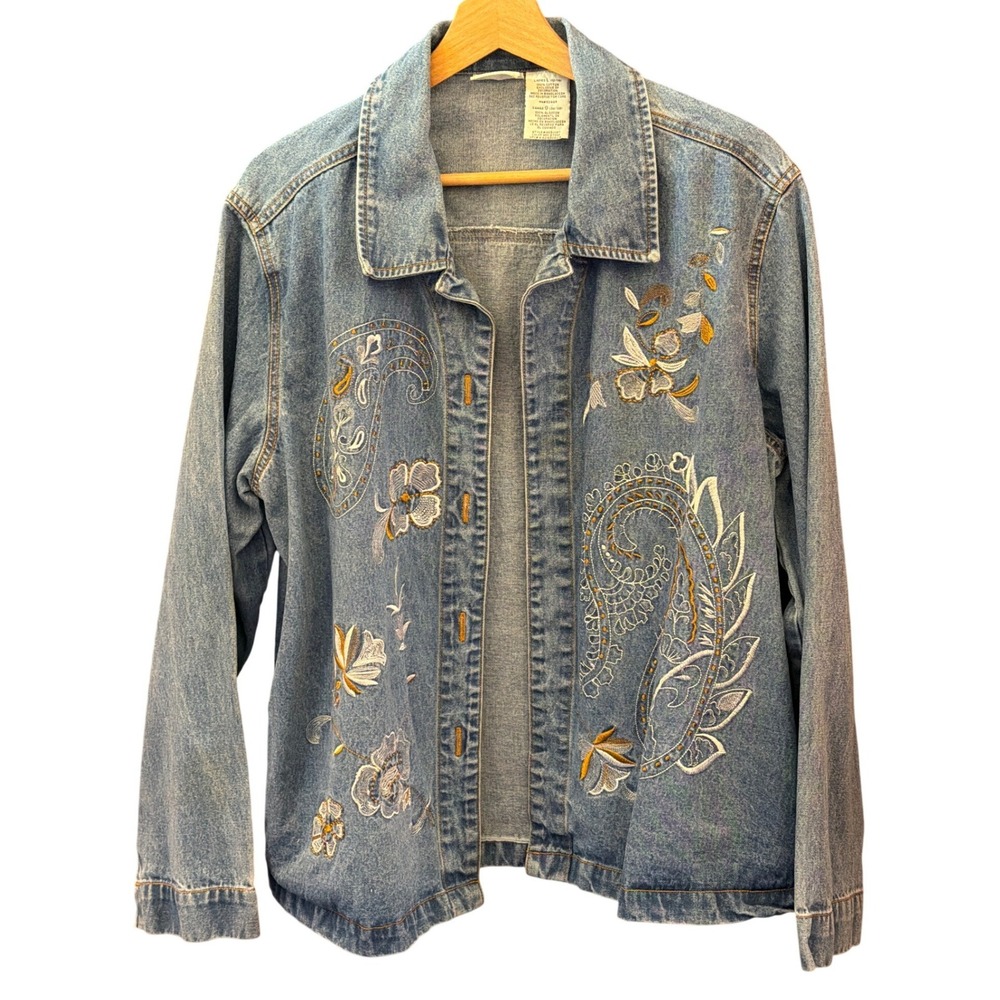 Vintage White Stag Denim Jacket Floral Paisley Boho Cottagecore Grandma Core